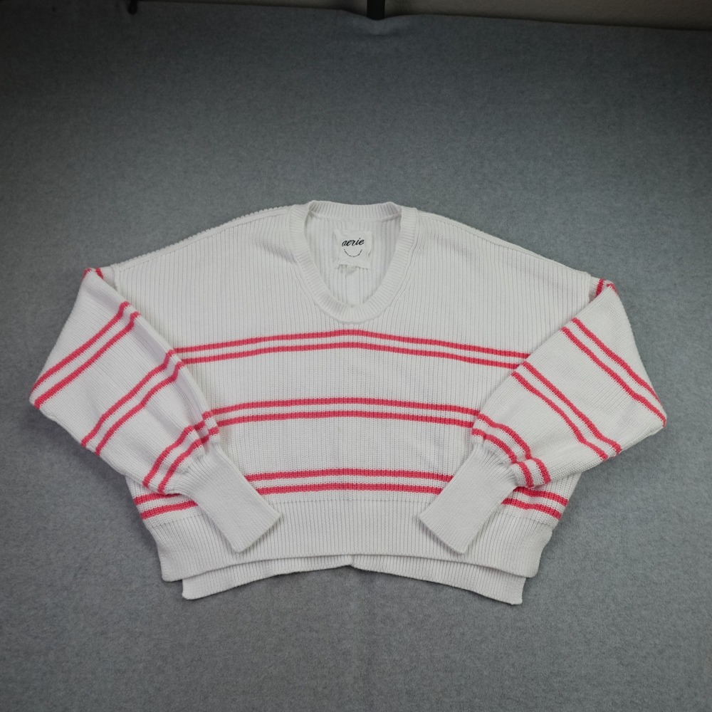 Aerie Sweater Womens XS White Pink Striped V-Neck Balloon Sleeve Knit Pullover
